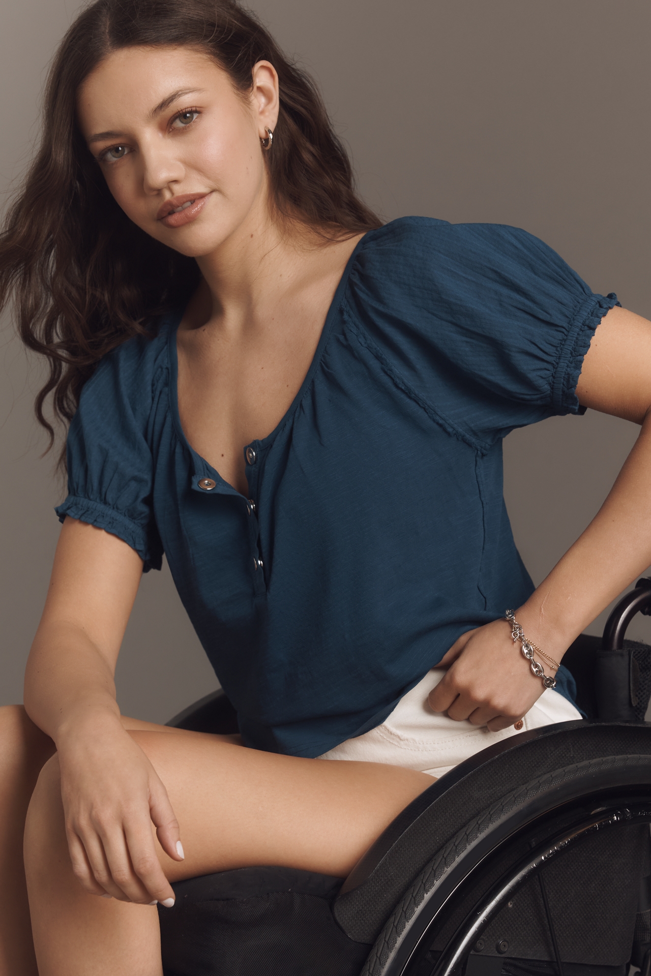 Pilcro Puff-Sleeve Scoop-Neck Henley Tee