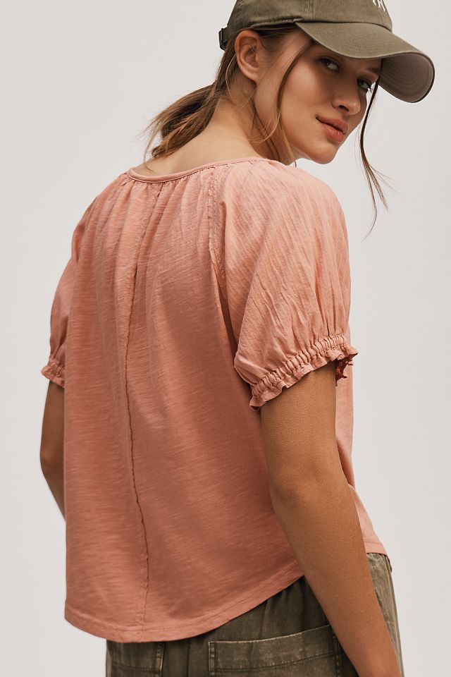 Pilcro Puff-Sleeve Scoop-Neck Henley Tee