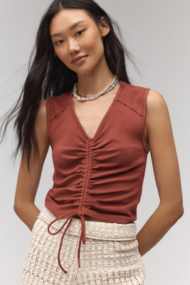 V-Neck Sleeveless Ruched Tee