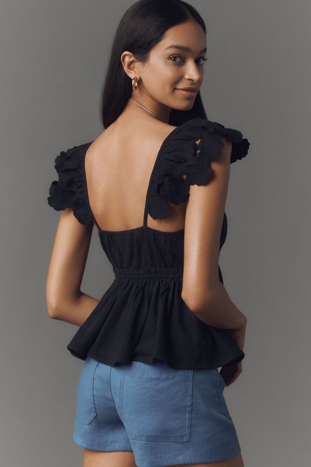 By Anthropologie Cotton Flutter-Sleeve V-Neck Babydoll Top #2