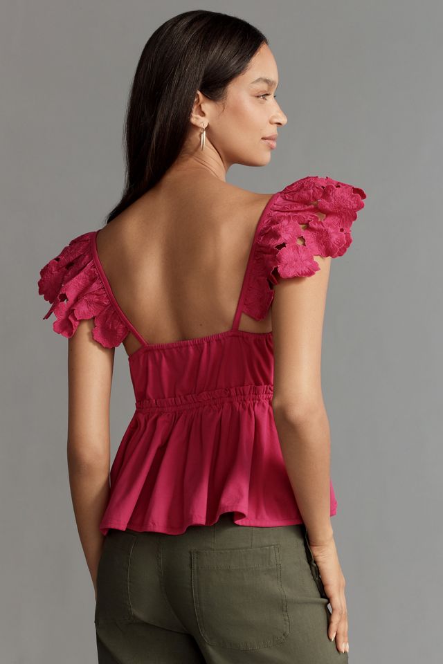 By Anthropologie Cotton Flutter-Sleeve V-Neck Babydoll Top #1