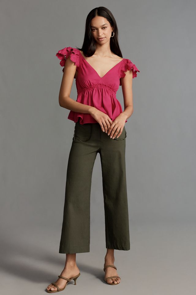 By Anthropologie Cotton Flutter-Sleeve V-Neck Babydoll Top #3