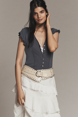 Maeve Short-sleeve V-neck Button-front Top In Gray