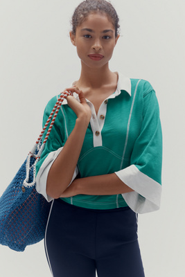 Pilcro Corset-inspired 3/4 Sleeve Polo Shirt
