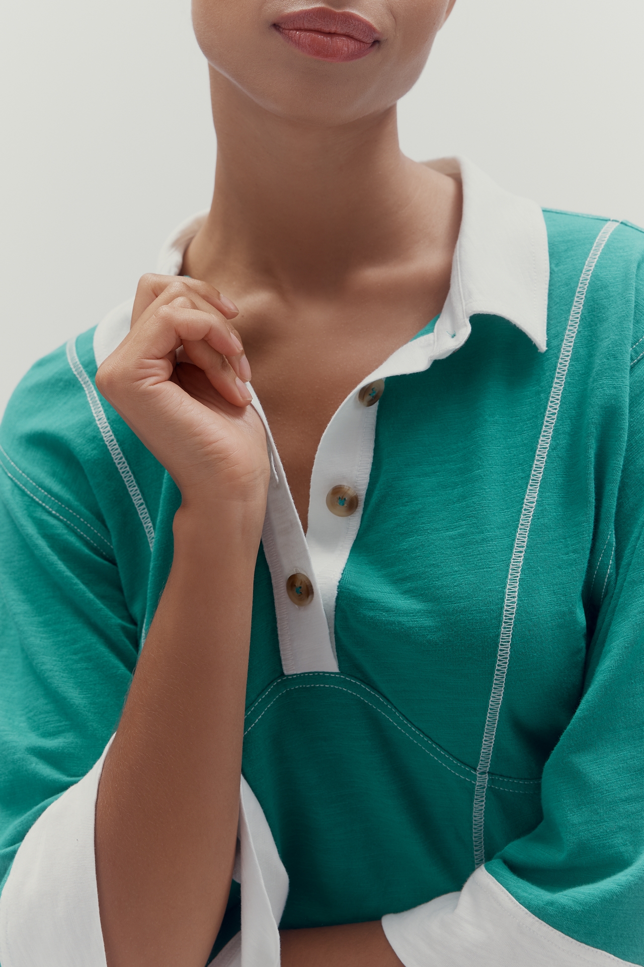 Pilcro Corset-Inspired 3/4 Sleeve Polo Shirt