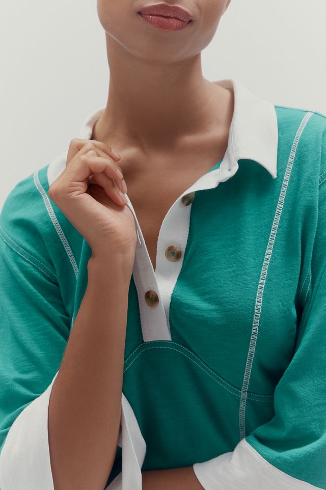 Pilcro Corset-Inspired 3/4 Sleeve Polo Shirt #3