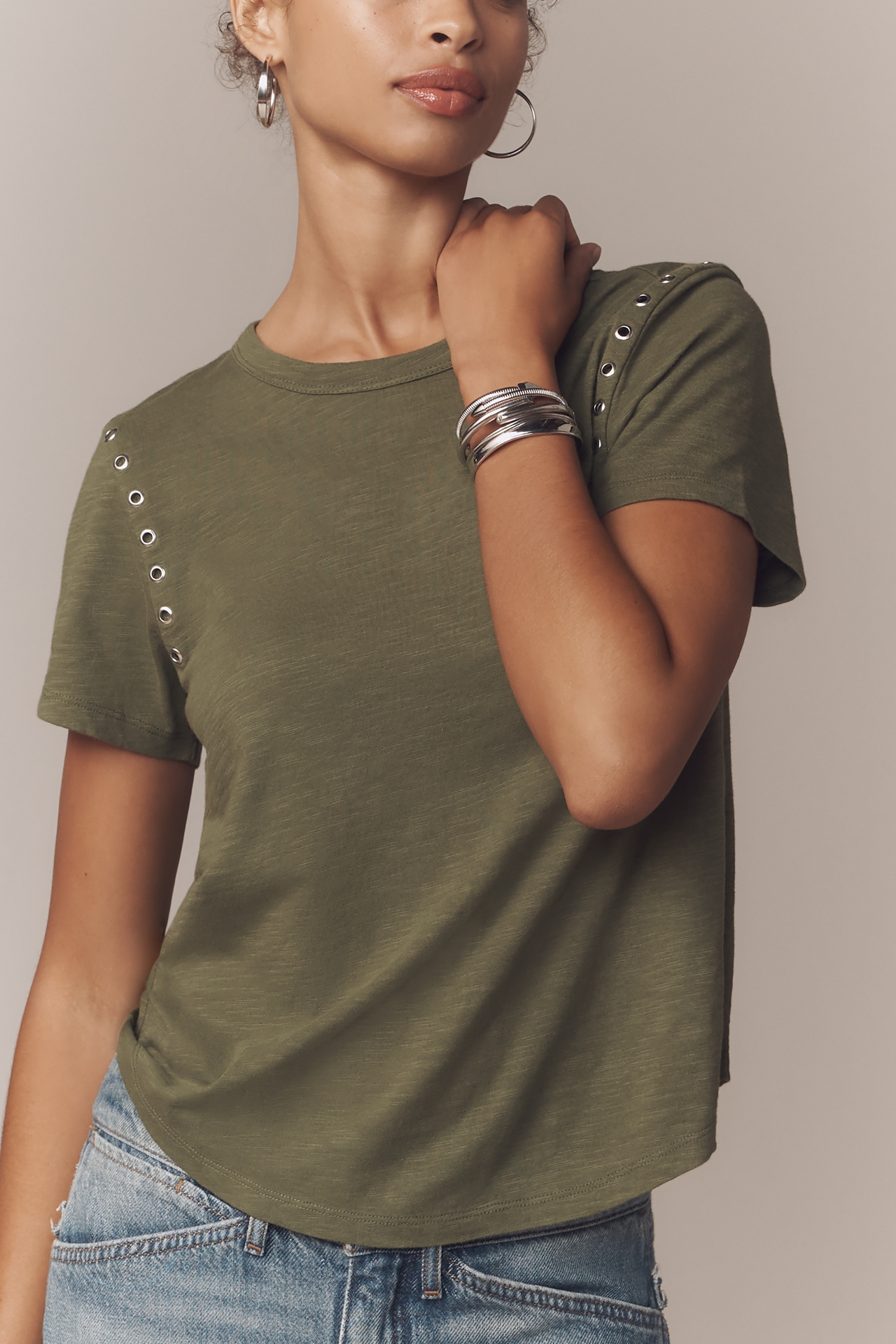 The Bennie Cotton Slub Crew-Neck Grommet Tee by Pilcro
