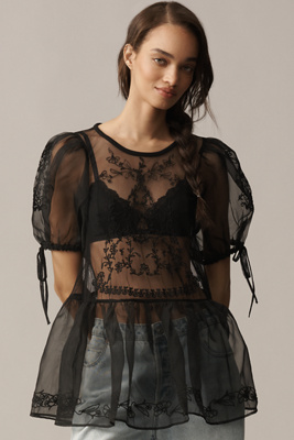 By Anthropologie Sheer Lace Peplum Blouse In Black