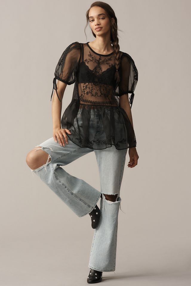 By Anthropologie Sheer Lace Peplum Blouse #2