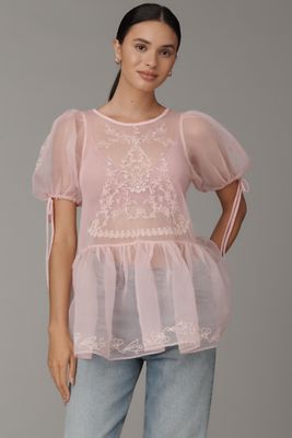 By Anthropologie Sheer Lace Peplum Blouse