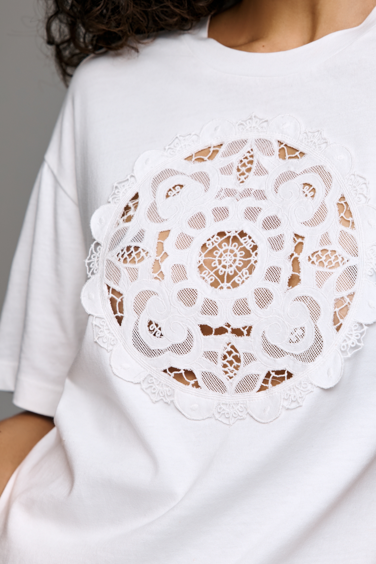 By Anthropologie Crochet Detail Boxy Tee