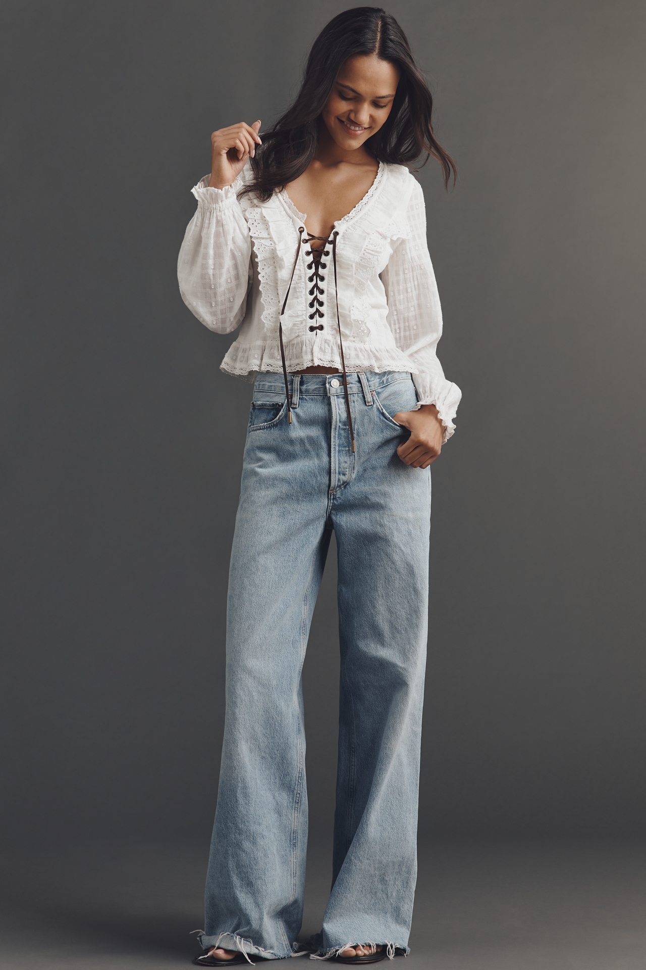 Pilcro Eyelet Ruffle Long-Sleeve Blouse