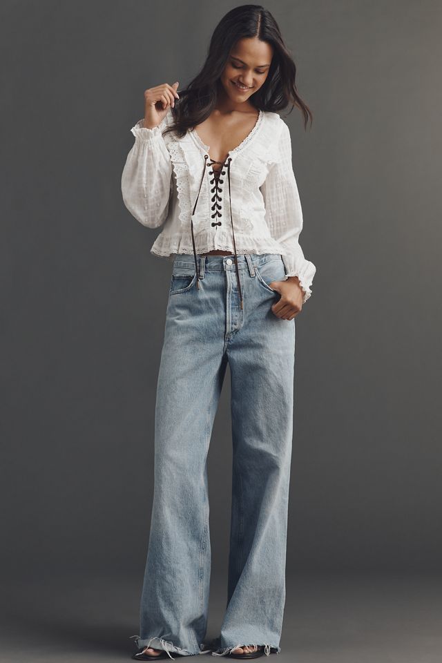 Pilcro Eyelet Ruffle Long-Sleeve Blouse | Anthropologie