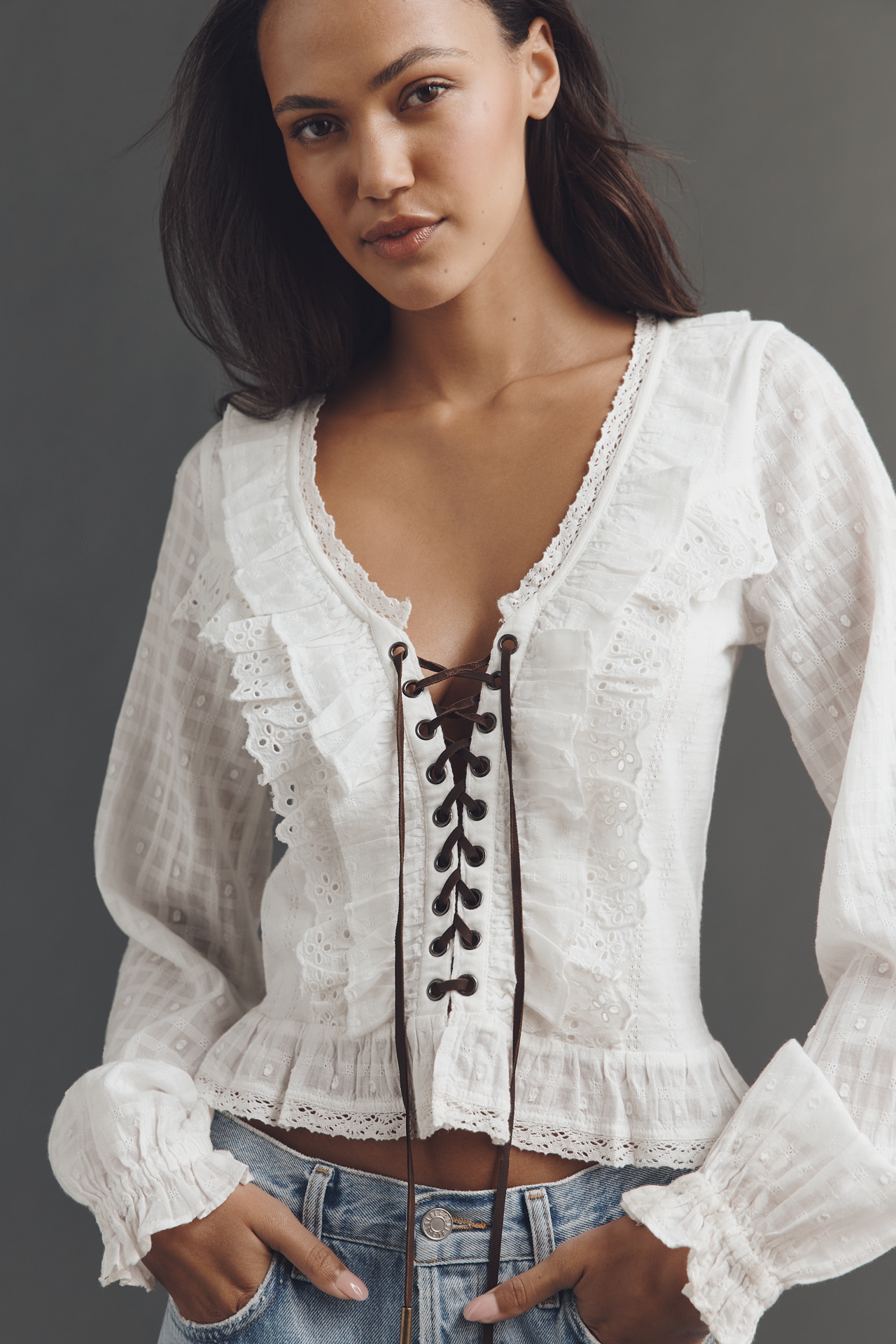 Pilcro Eyelet Ruffle Long-Sleeve Blouse
