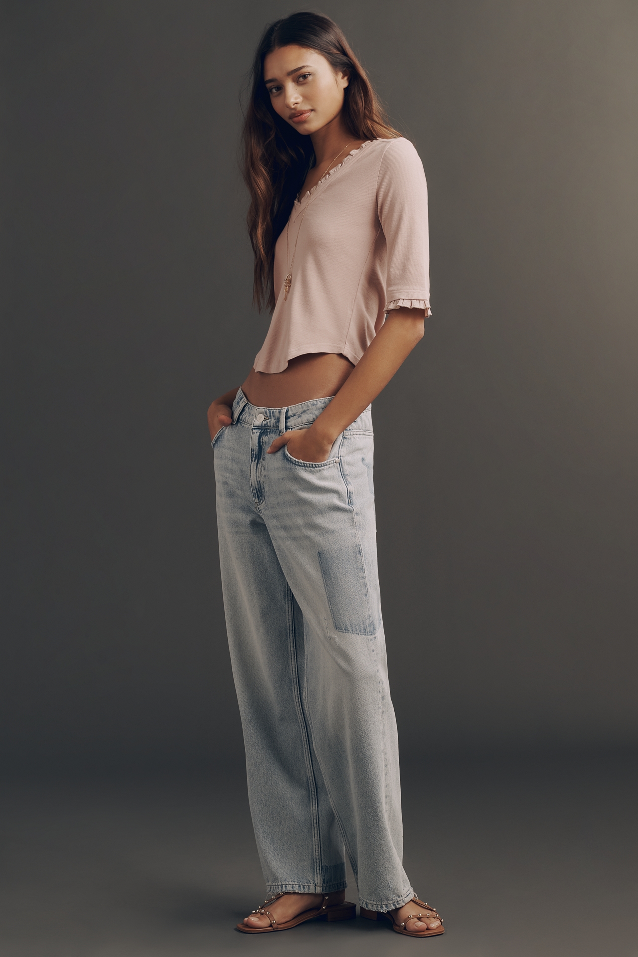 Pilcro Ruffled V-Neck Half-Sleeve T-Shirt