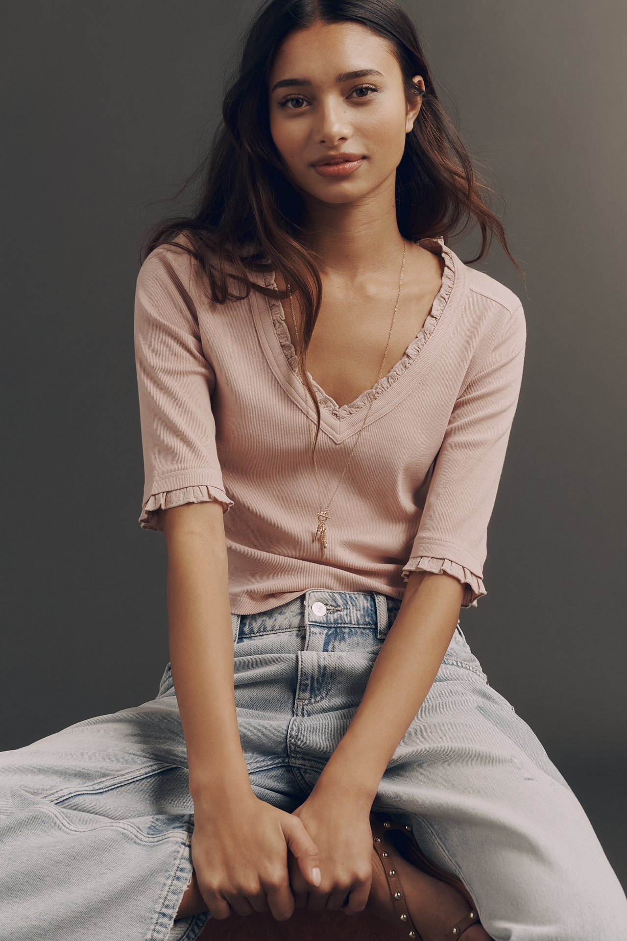 Pilcro Ruffled V-Neck Half-Sleeve T-Shirt