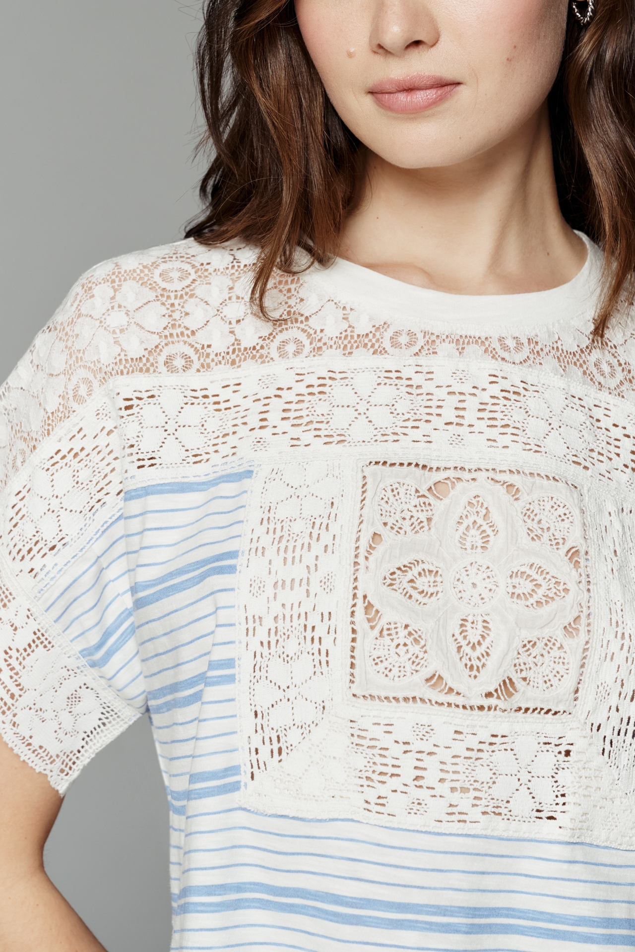 By Anthropologie Cotton Lace Inset Boxy Tee