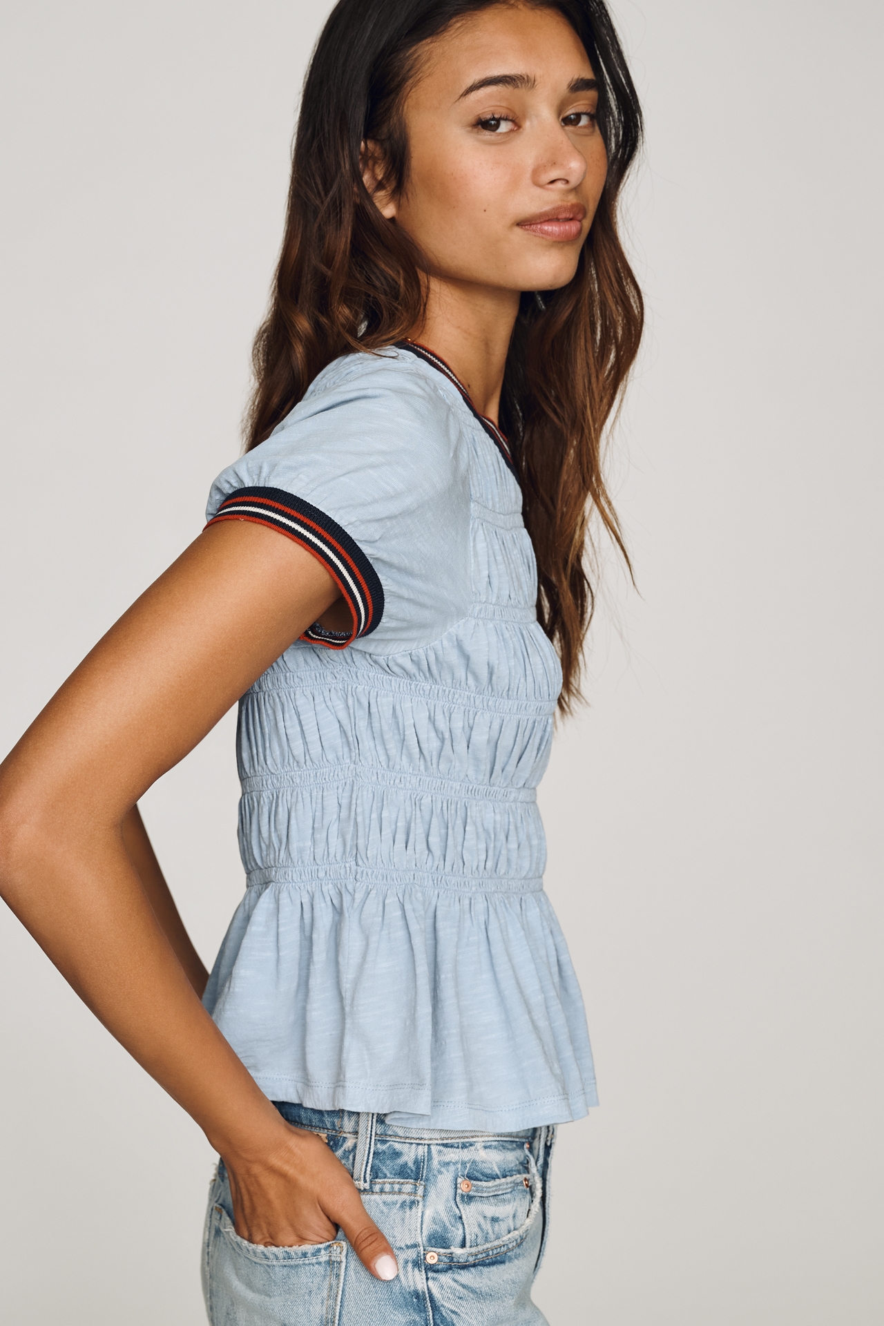 Pilcro Cotton Smocked Peplum Tee