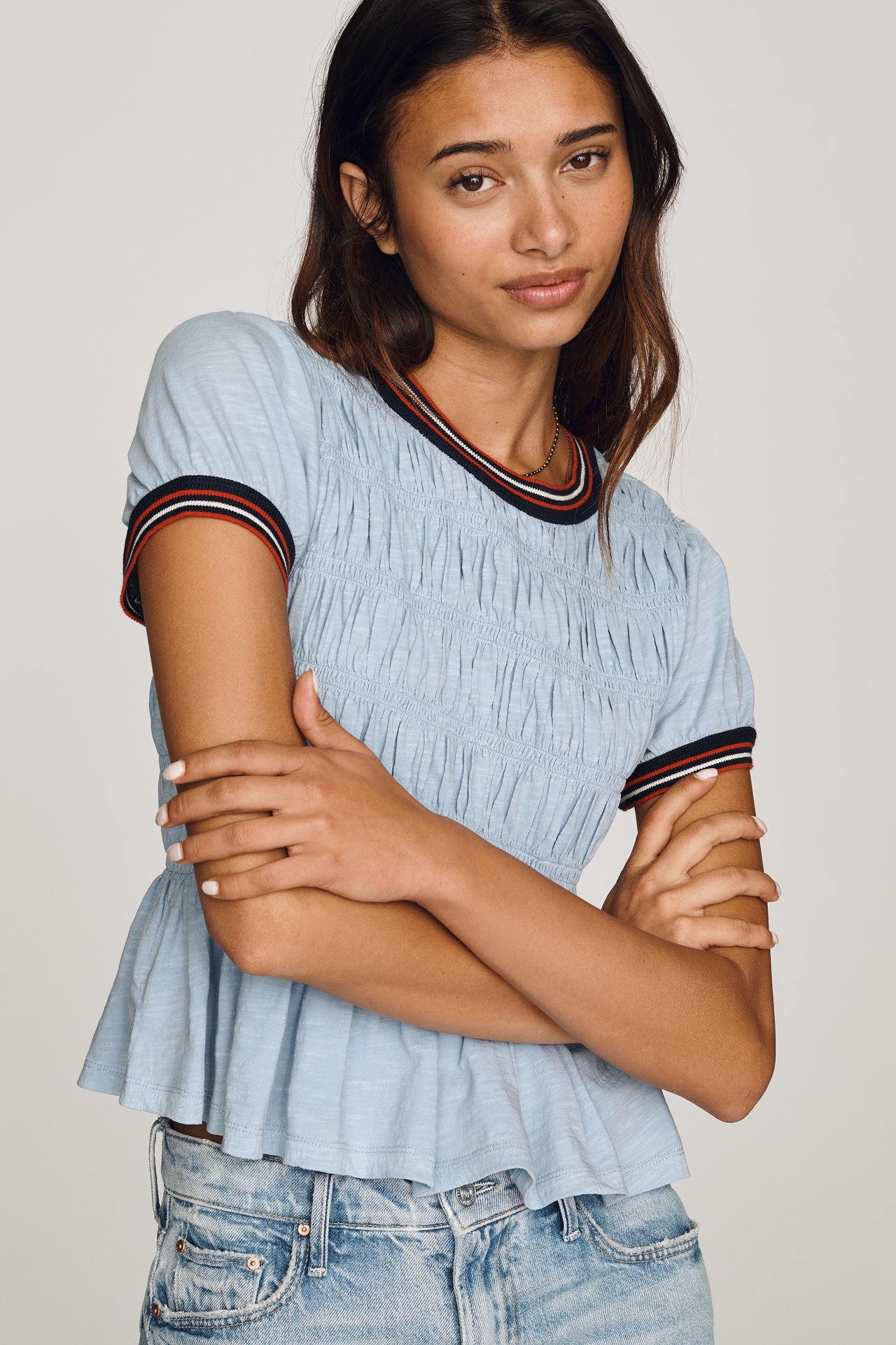 Pilcro Cotton Smocked Peplum Tee