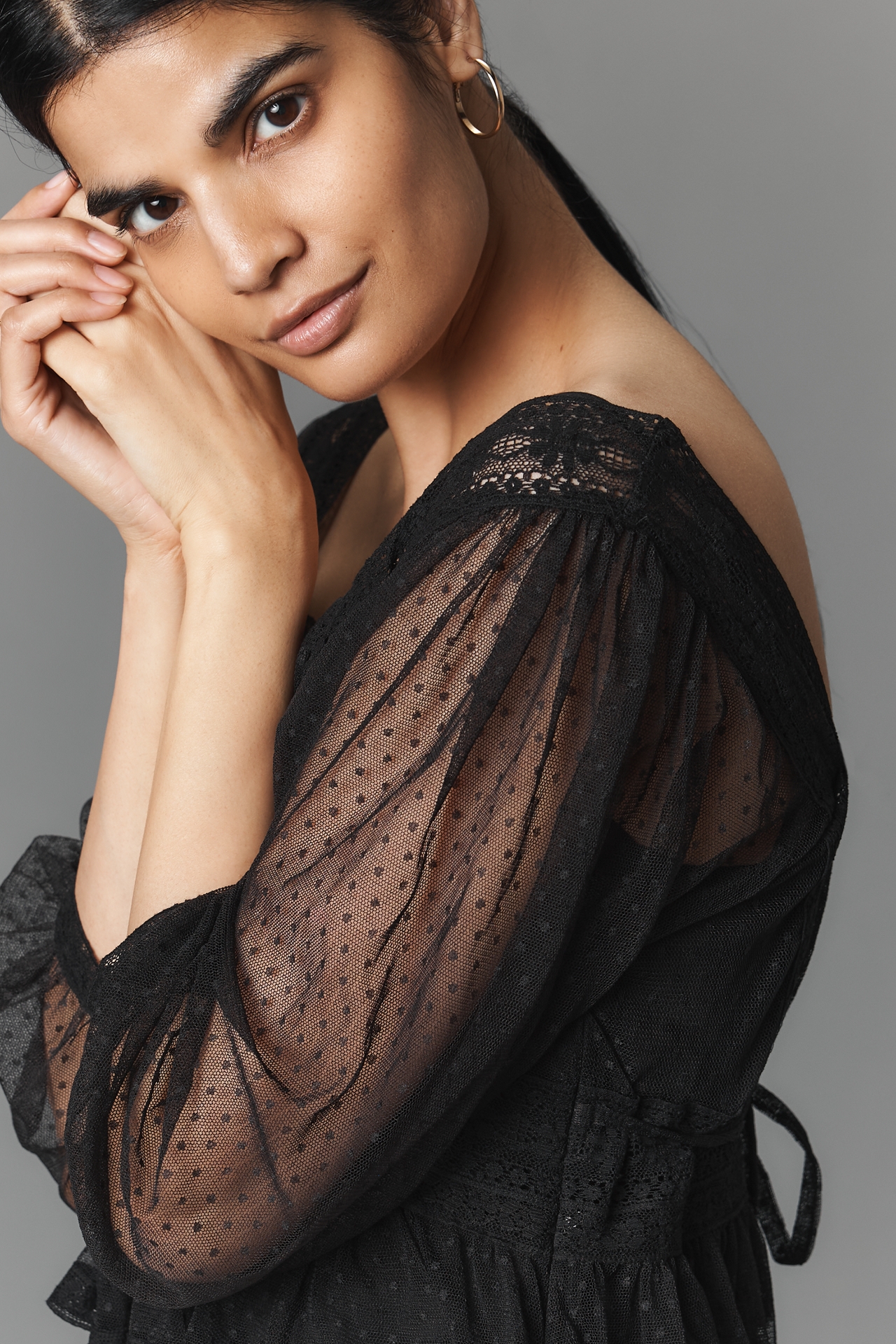 RIXO Tyla Long-Sleeve Tulle Top