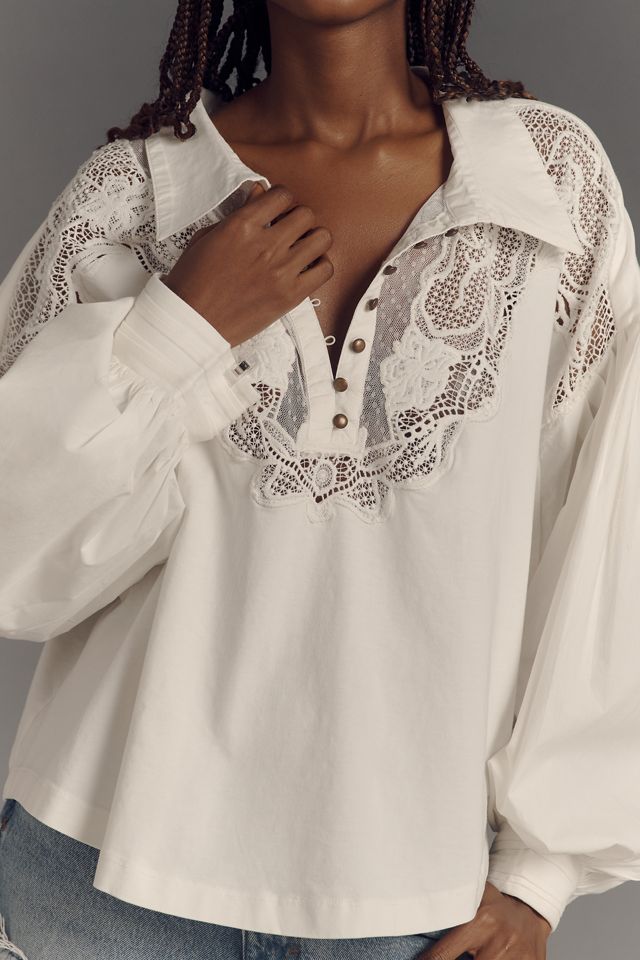 Maeve Balloon-Sleeve Collared Yoke Top #2