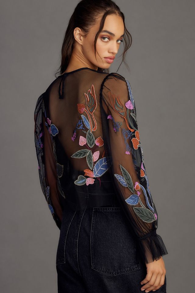 The Layla Long-Sleeve Appliqué Mesh Blouse #1