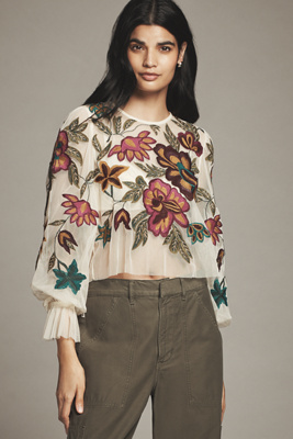 By Anthropologie The Layla Long-sleeve Appliqué Mesh Blouse In Multi