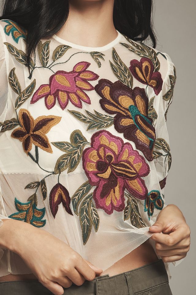 By Anthropologie Long-Sleeve Appliqué Mesh Top