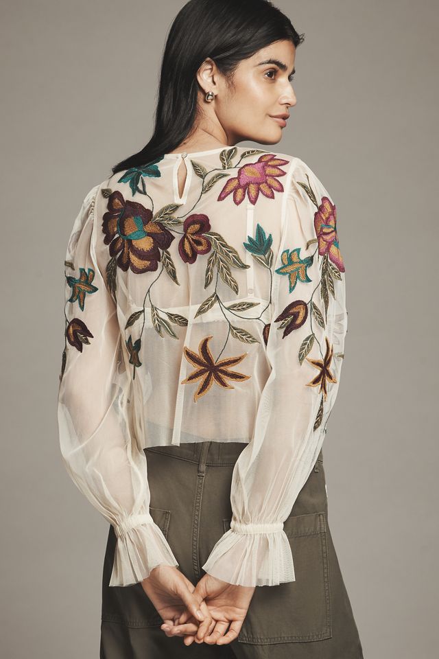 By Anthropologie Long-Sleeve Appliqué Mesh Top