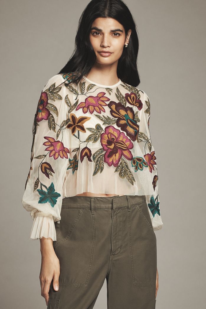 By Anthropologie Long-Sleeve Appliqué Mesh Top