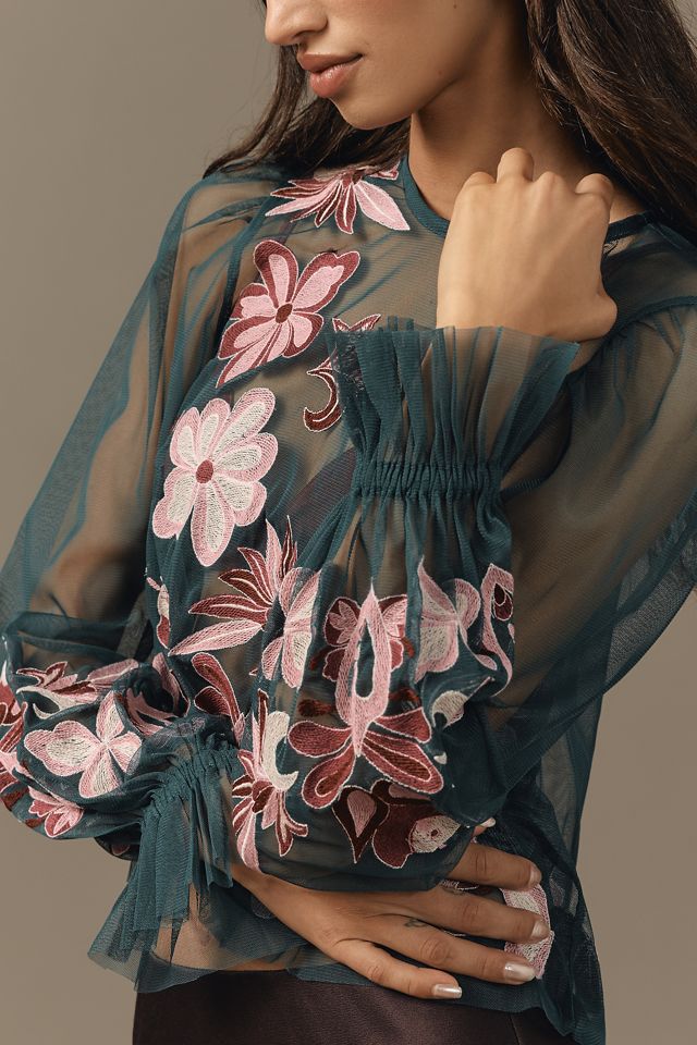 By Anthropologie Long-Sleeve Embroidered Mesh Top #1