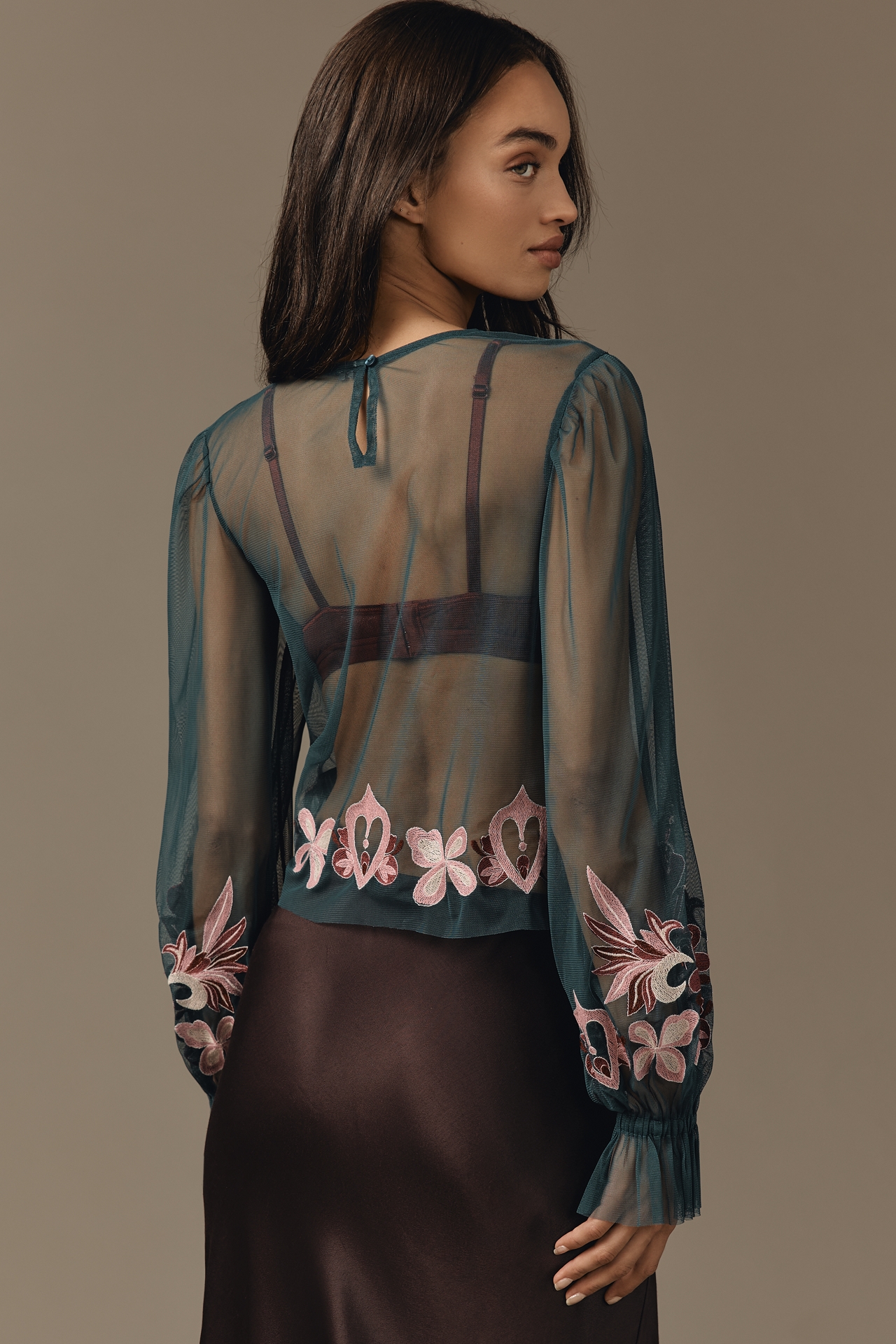 By Anthropologie Long-Sleeve Embroidered Mesh Top