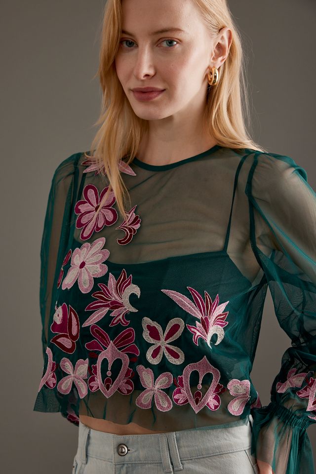 By Anthropologie Long-Sleeve Embroidered Mesh Top #6