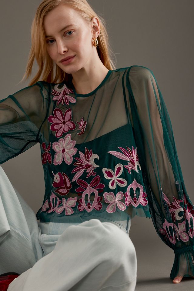 By Anthropologie Long-Sleeve Embroidered Mesh Top #4