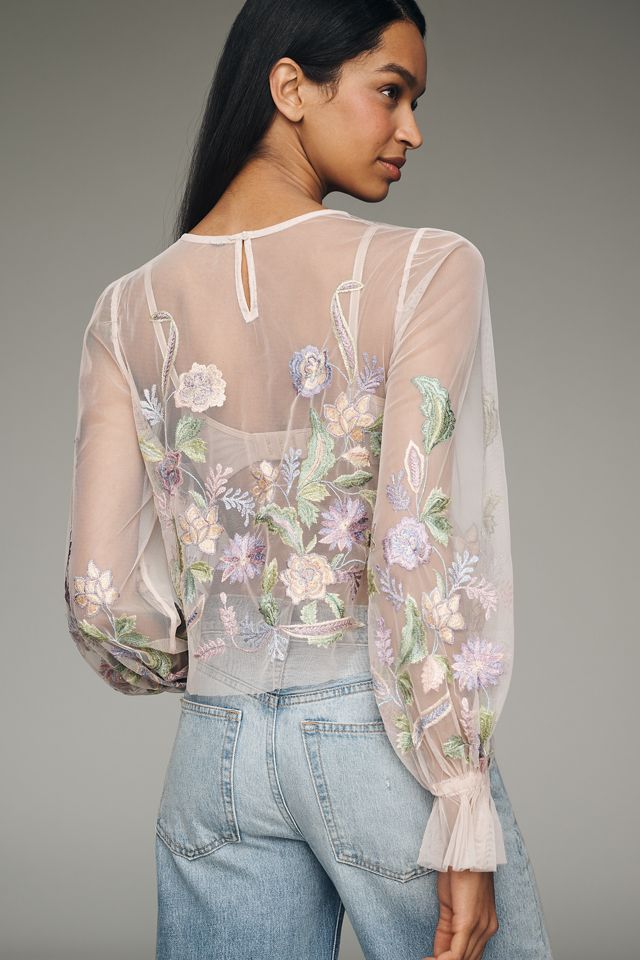 By Anthropologie Long-Sleeve Embroidered Mesh Top #1