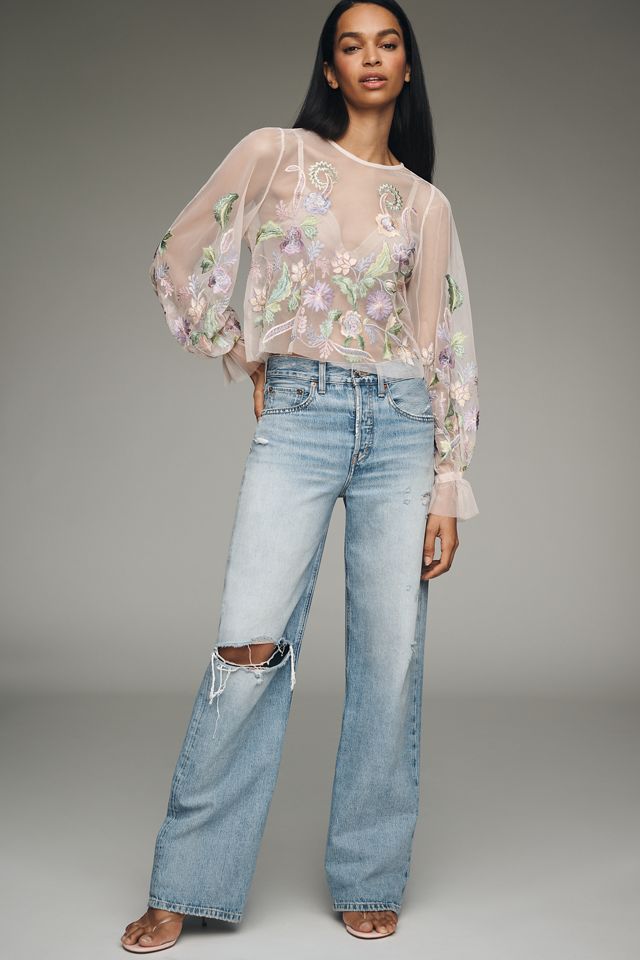 By Anthropologie Long-Sleeve Embroidered Mesh Top | Anthropologie