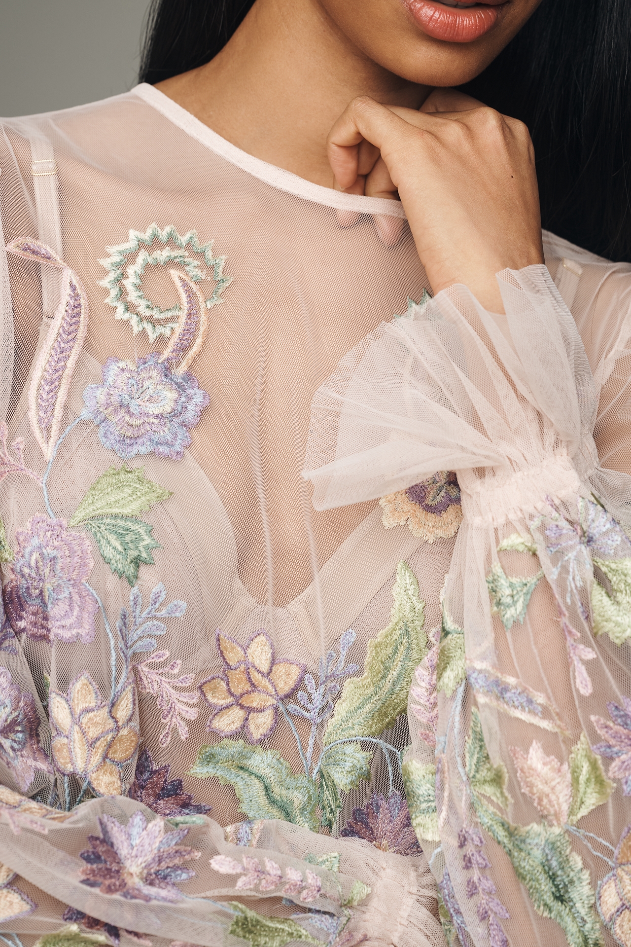 By Anthropologie Long-Sleeve Embroidered Mesh Top