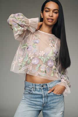 Farm Rio Mock-Neck Sheer Embroidered Blouse | Anthropologie