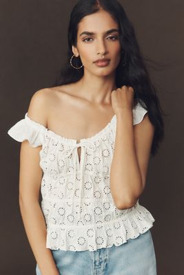 By Anthropologie Puff-Sleeve Embroidered Babydoll Top