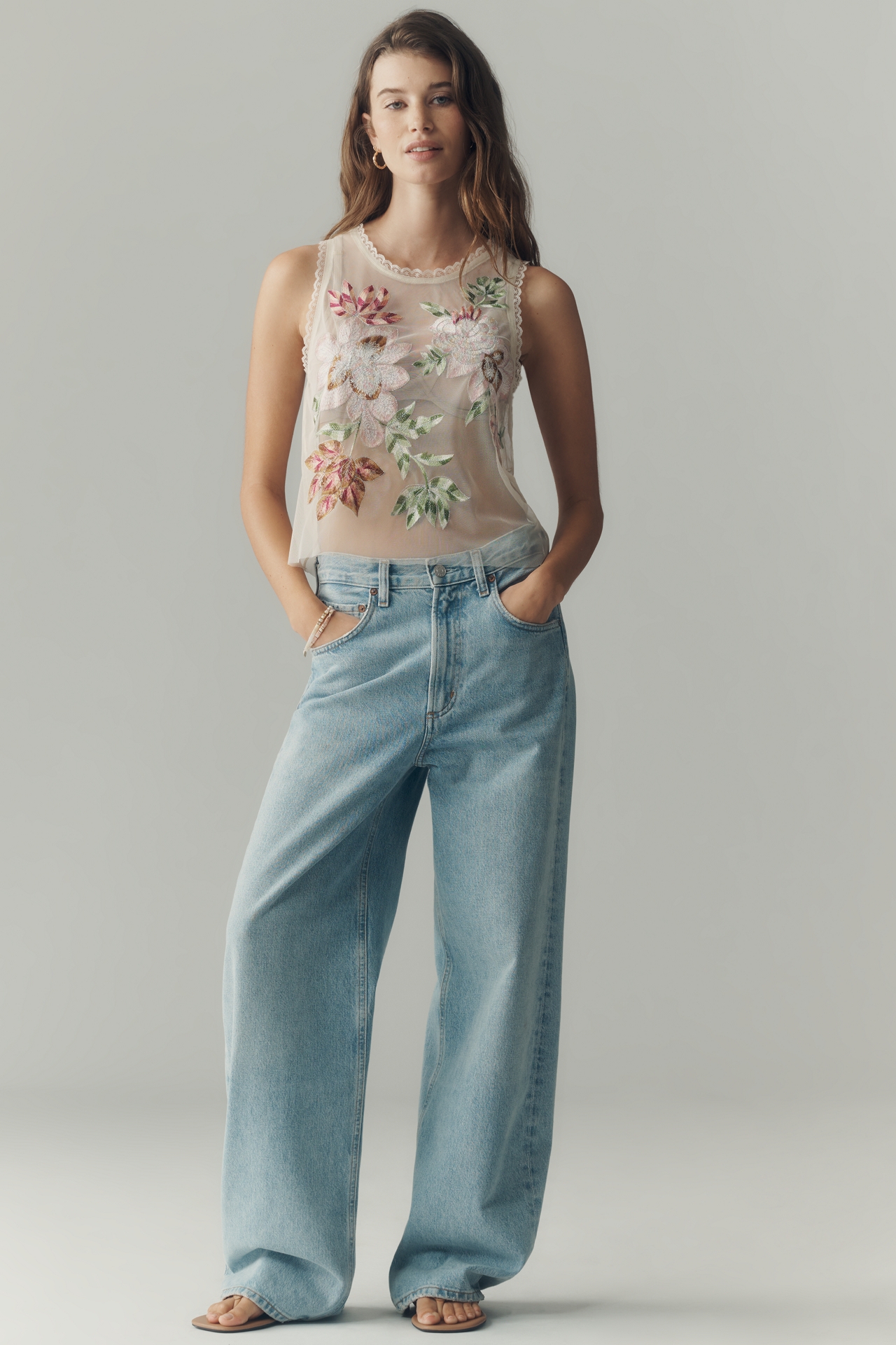 By Anthropologie Sheer Mesh Floral Top