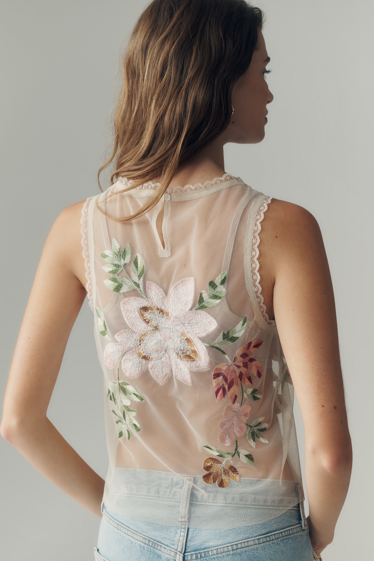 By Anthropologie Sheer Mesh Floral Top