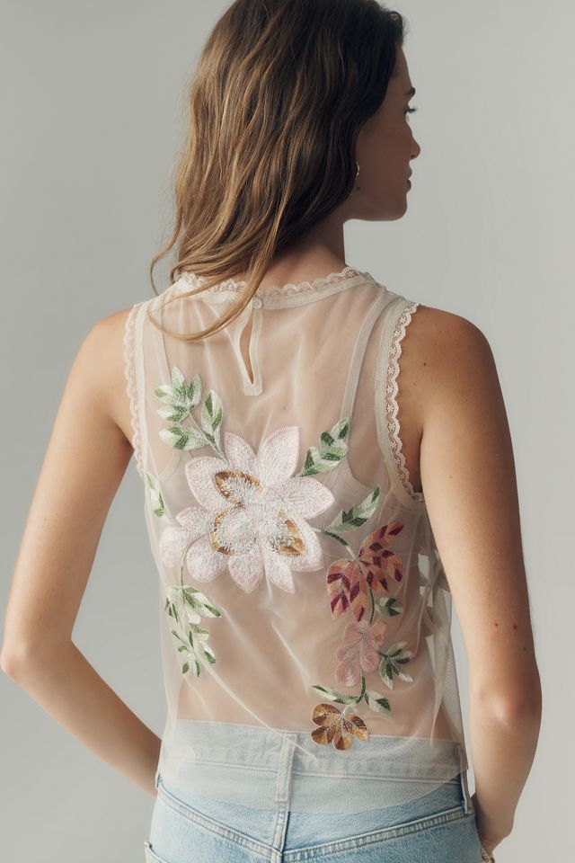 By Anthropologie Sheer Mesh Floral Top #3