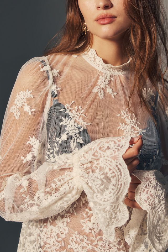 Blusa de Cuello Alto de Encaje Transparente By Anthropologie #1