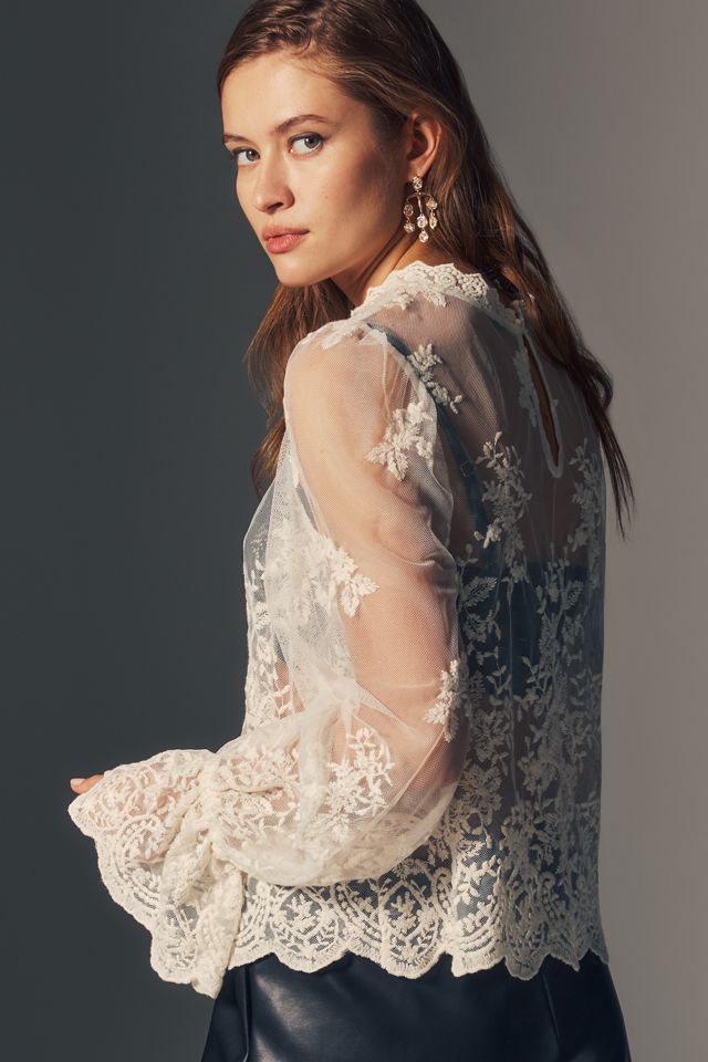 Blusa de Cuello Alto de Encaje Transparente By Anthropologie #2
