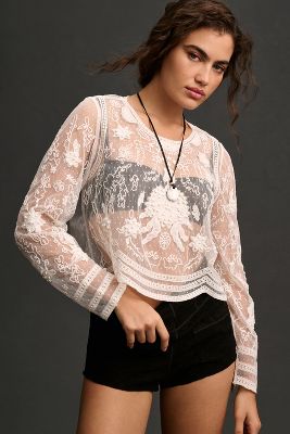 By Anthropologie Long-sleeve Mesh Appliqué Top In White