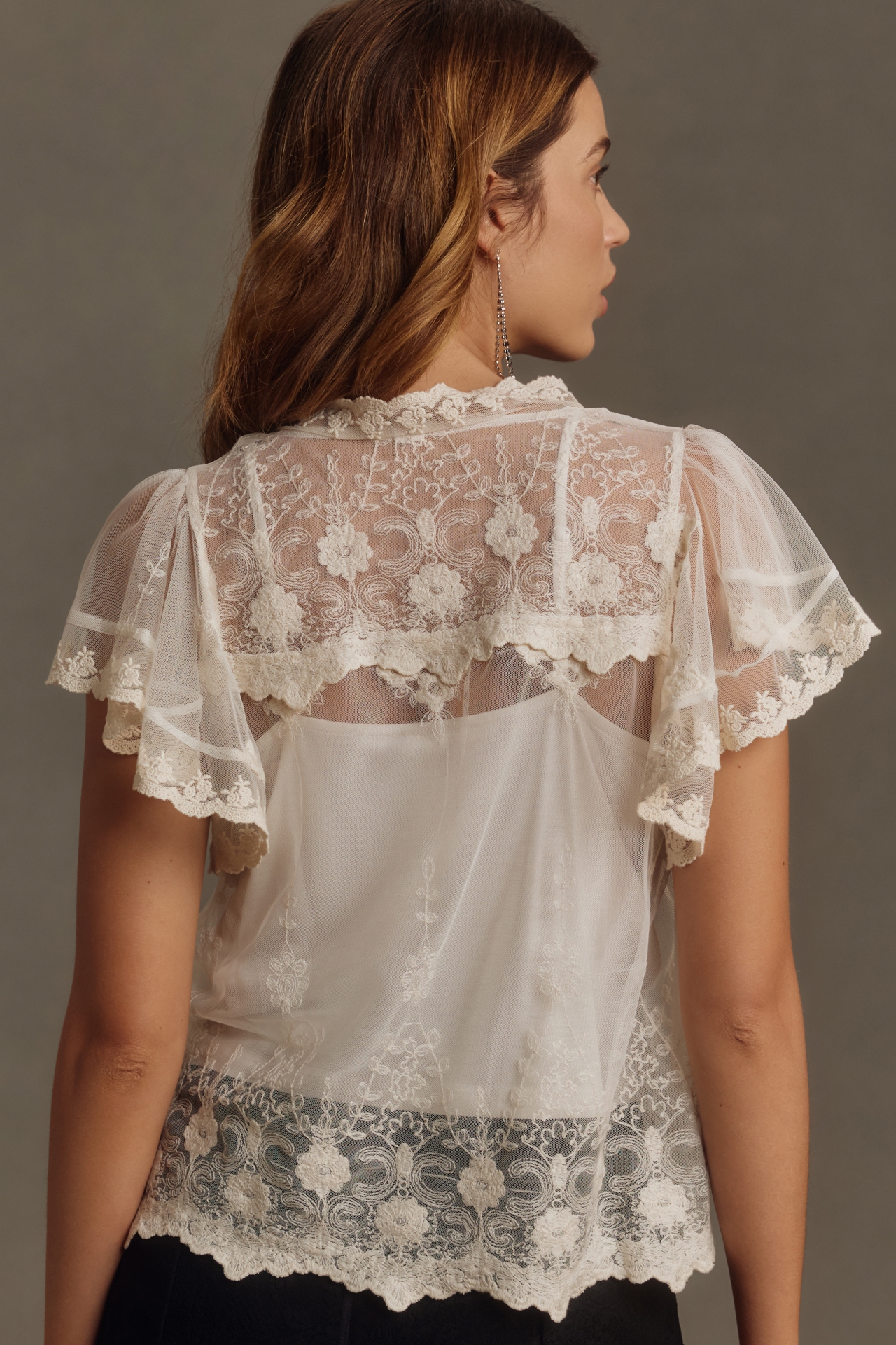 By Anthropologie Embroidered Flutter-Sleeve Top