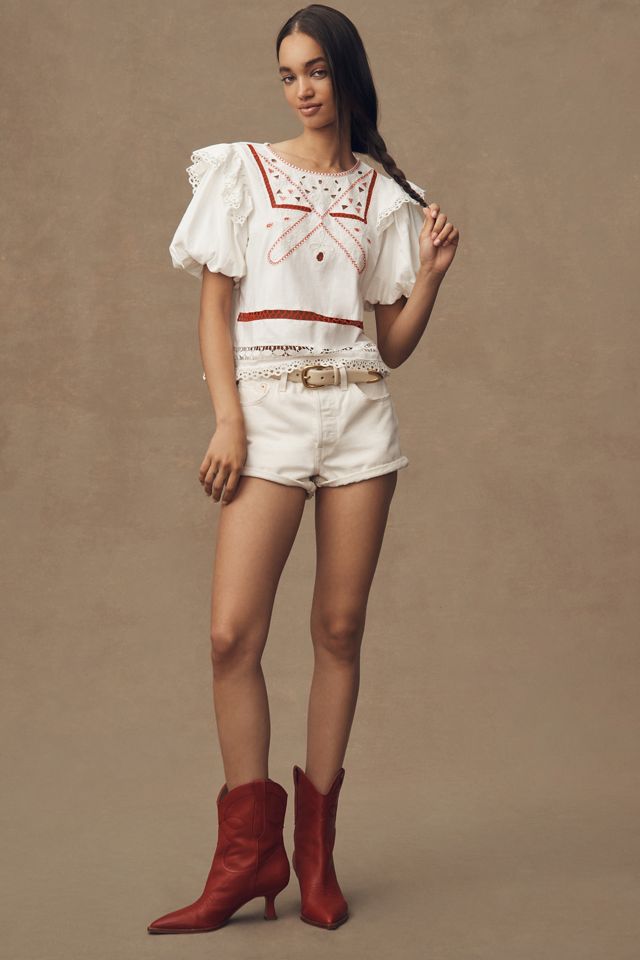 トップス anuke Cutwork Puff Blouse Hotmiss Women's Square Neck Smocked Babydoll Tops Long Puff