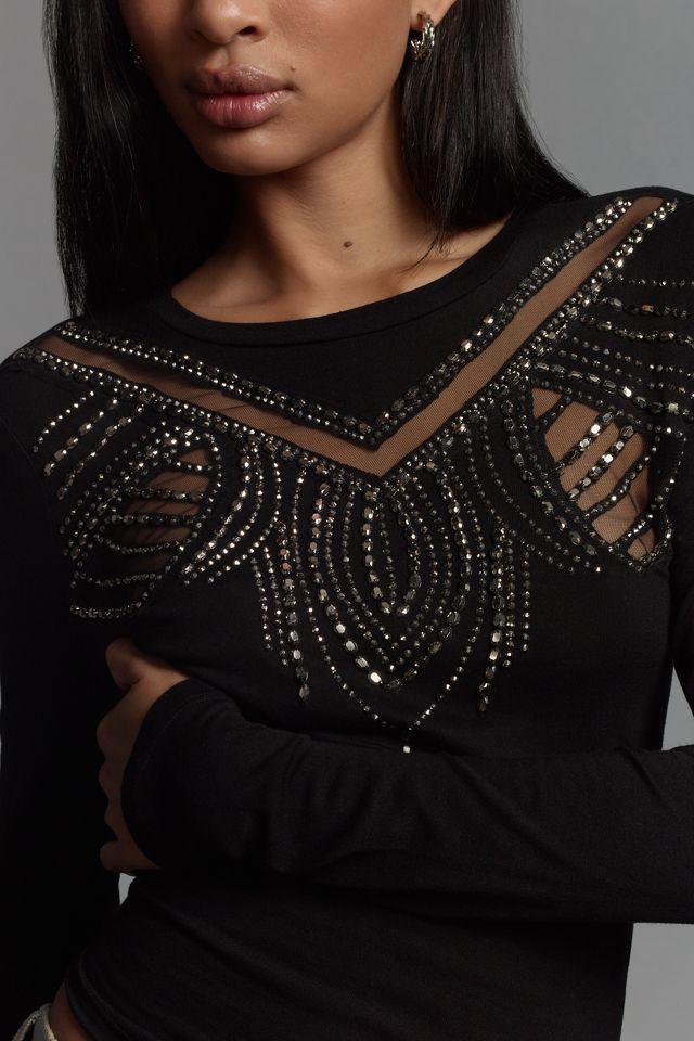 By Anthropologie Long-Sleeve Beaded Appliqué Top #2