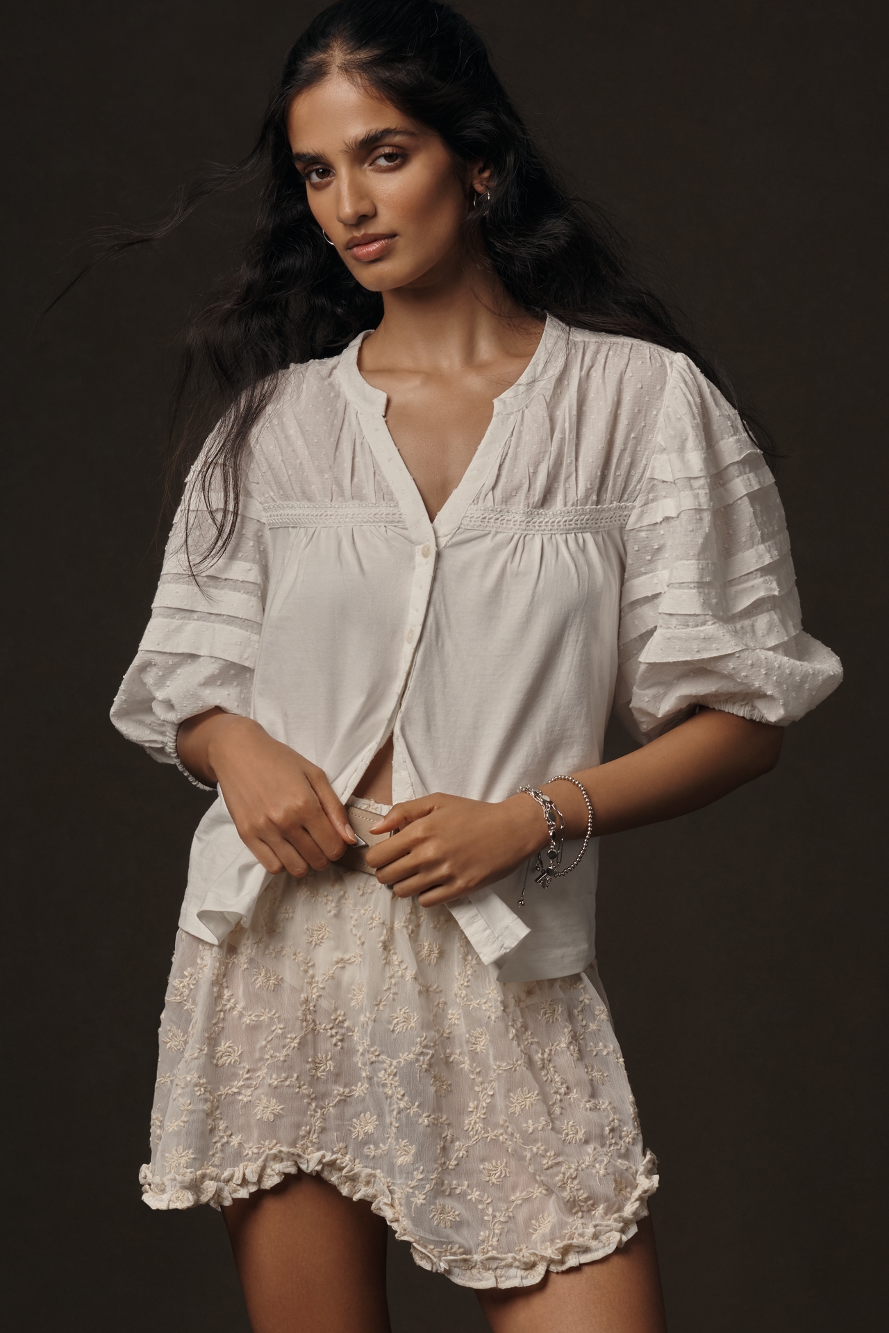 By Anthropologie Puff-Sleeve Swiss Dot Blouse