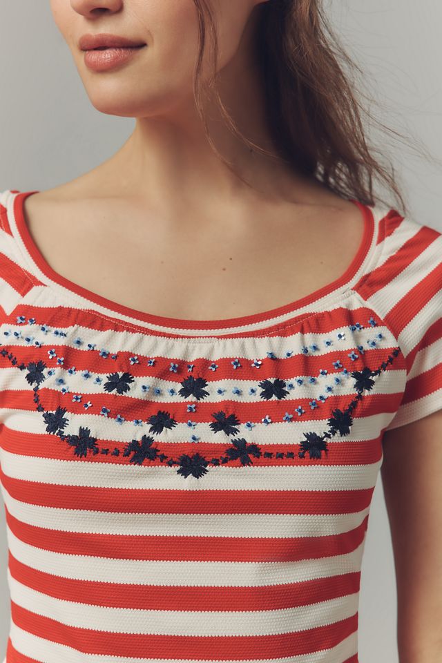 Maeve Embroidered Flowers Scoop-Neck Tee #3